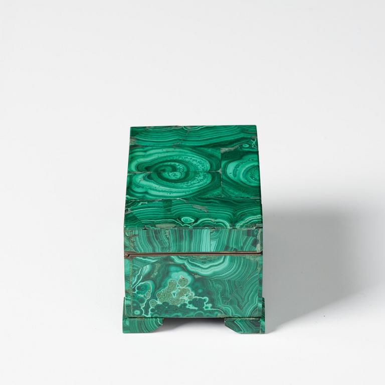 A Russian malachite-veneered box from Yekaterineburg Imperial Lapidary, circa 1900.