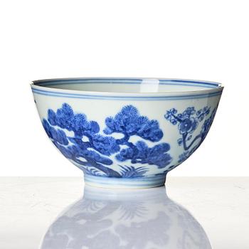 A blue and white 'three friends of winter' bowl, Qing dynasty, Guangxu mark and of the period (1875-1908).