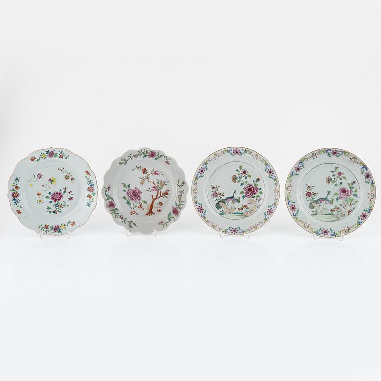 Twelve Famille Rose plates and two small plates, China, Qianlong (1736-95).