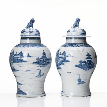 A matched pair of blue and white Chinese jars with covers, Qing dynasty, Qianlong (1736-95).