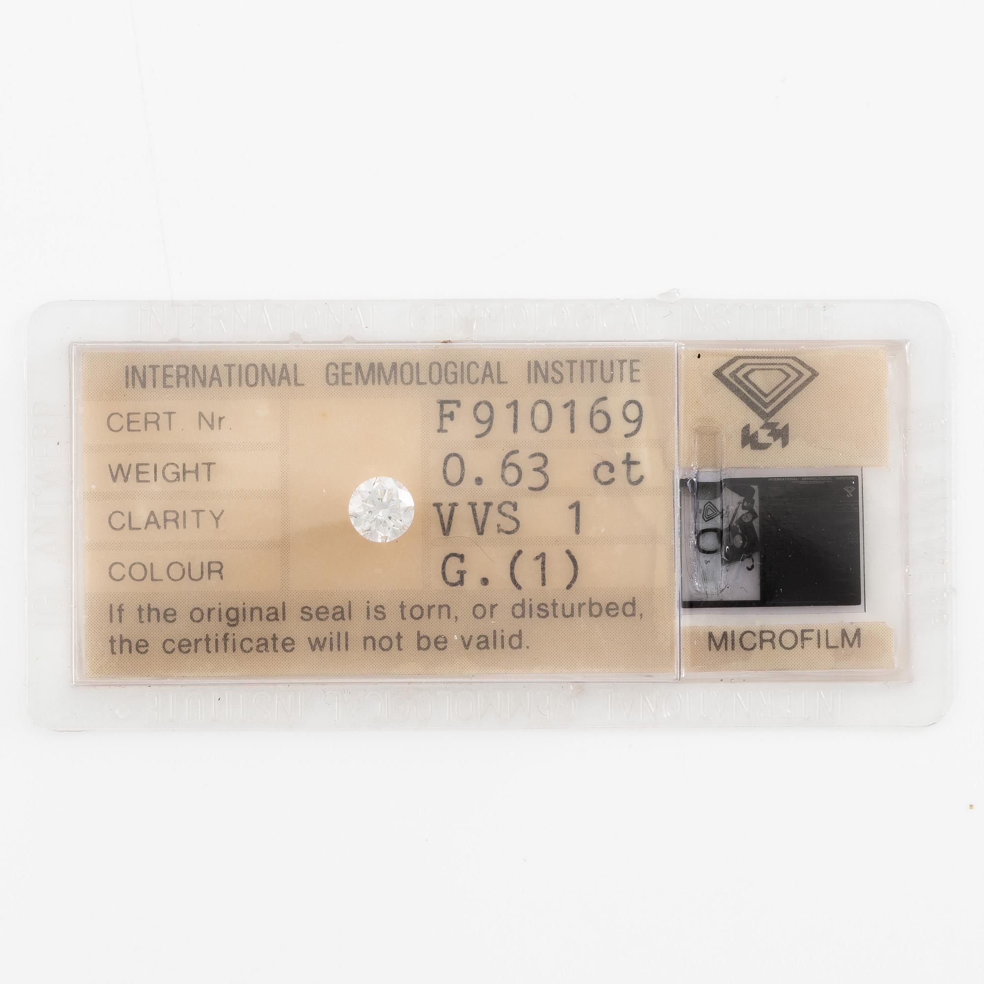 Unmounted brilliant-cut diamond, 0.63 ct, IGI seal. Accompanied by IGI certificate.
