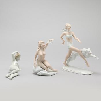 Three porcelain figurines partly by Wallendorf, Germany, from the latter half of the 20th century.