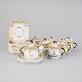 A set of seven Royal Copenhagen 'Flora Danica' custard cups with stands, 20th Century.