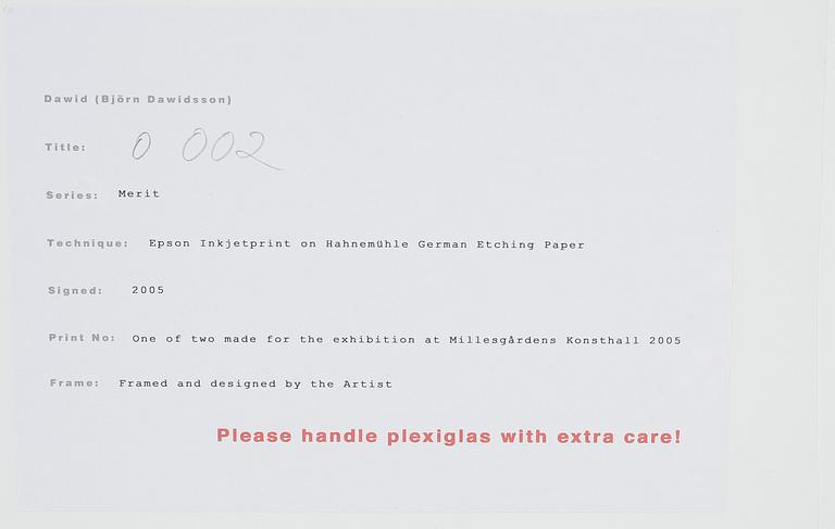 DAWID, Inkjet print, sign o dat 2005, ett av två exemplar som skapats för utställningen "Merit".