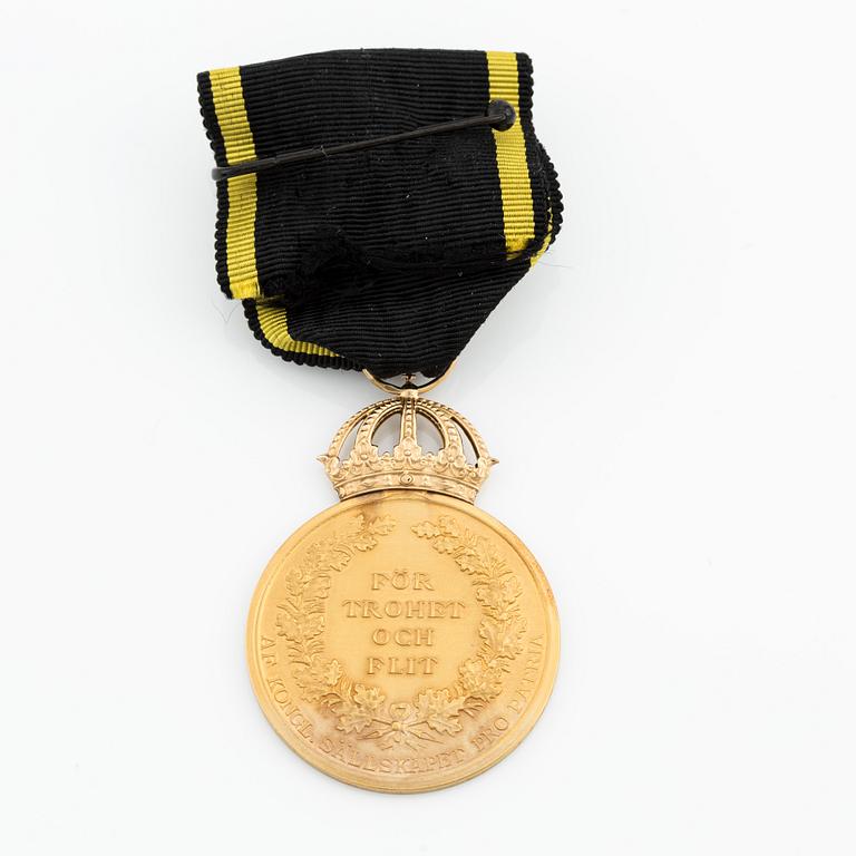 Medalj, guld, "För trohet och flit", Kongl. Sällskapet Pro Patria, Gustaf VI Adolf, 1963.