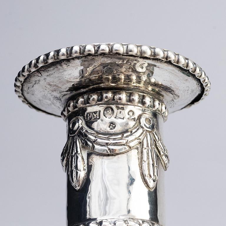 A pair of Swedish 18th century silver candlesticks, marks of Fredric Meyer, Karlshamn 1787.