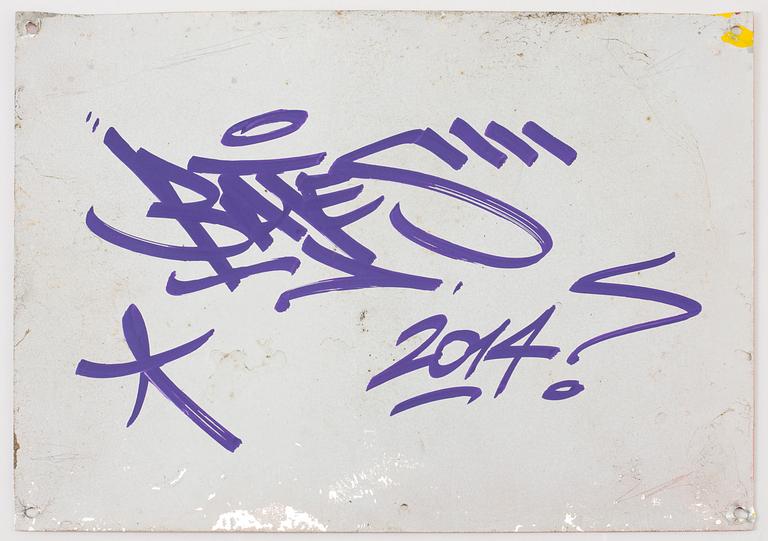 BATES, spray, marker & stickers on metallic sign, signed and dated on verso, 2014.