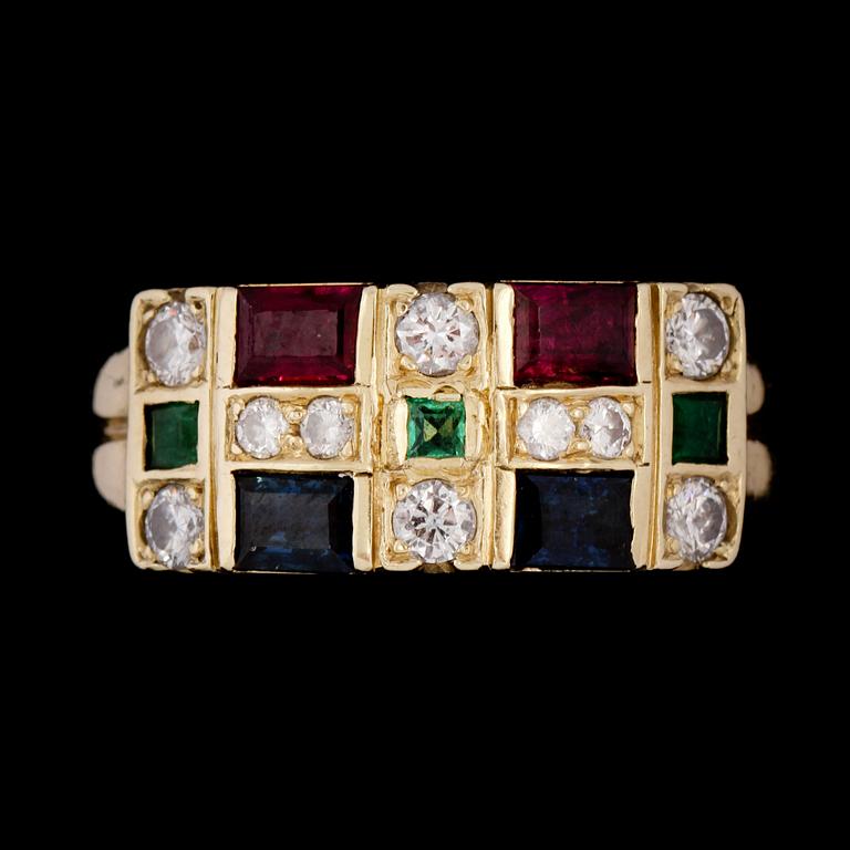 RING,14k  guld med fasettslipade rubiner, safirer och smaragder samt 10 briljantslipade diamanter. Vikt 6 g.