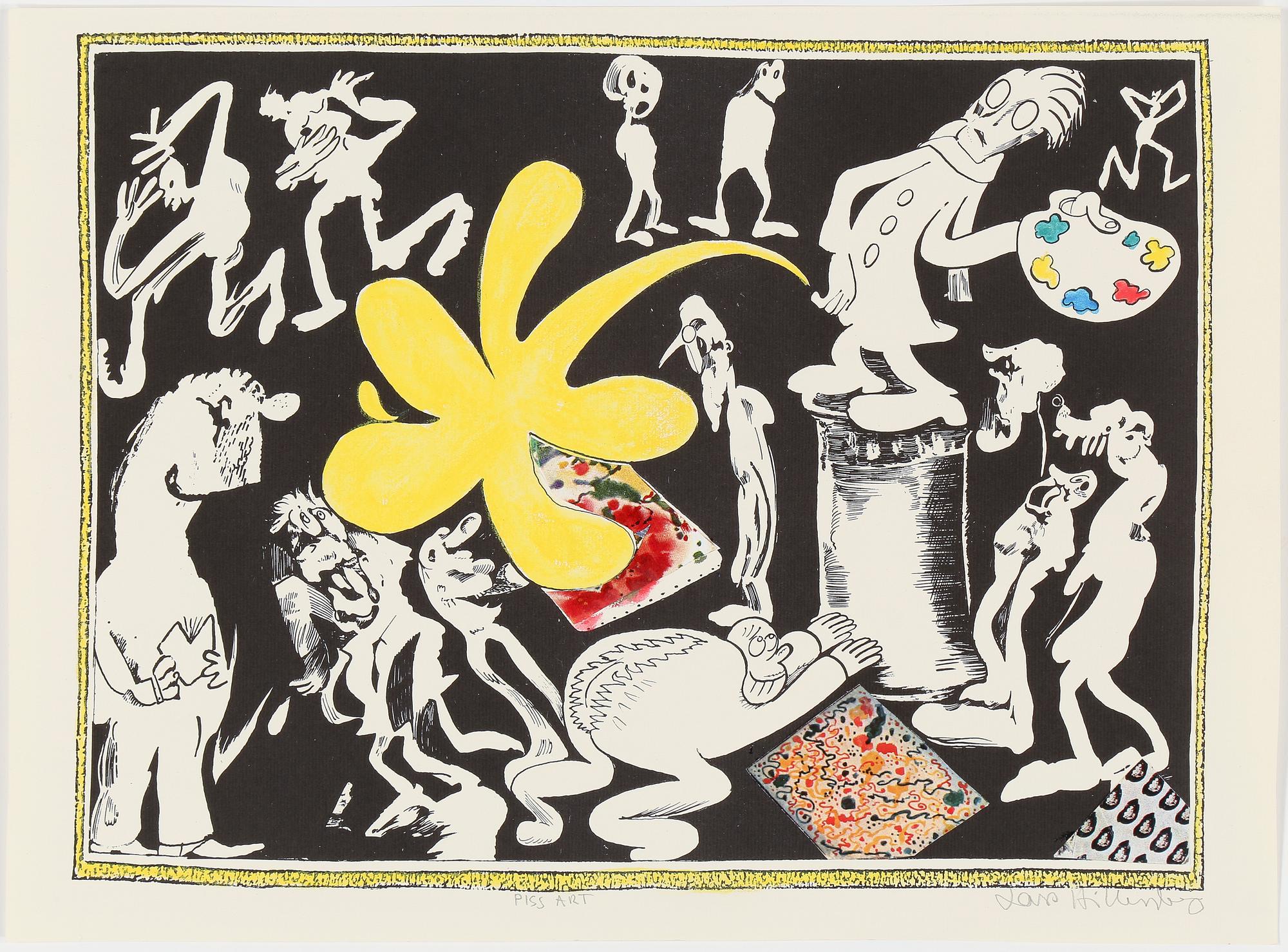 LARS HILLERSBERG, handkolorerad litografi / collage, signerad.