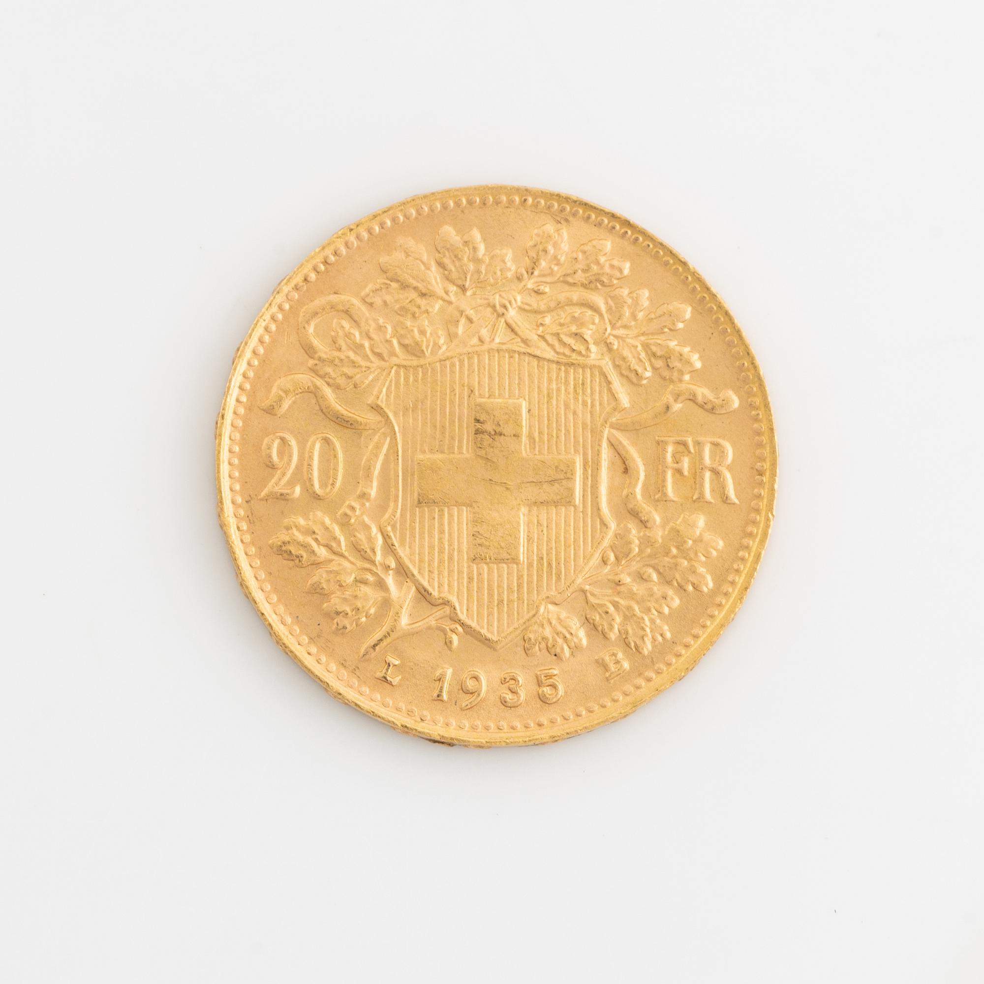 Guldmynt, Schweiz, 20 Franc, 1935.