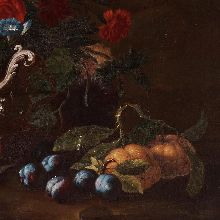Franz Werner von Tamm & Carlo Maratti, attributed to, Still life with flowers, grapes, and a woman in a landscape.