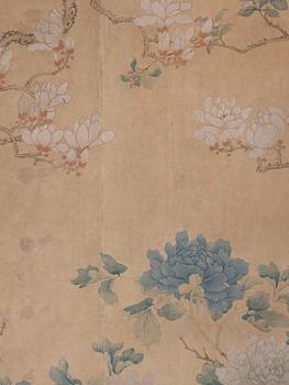 A Chinese scroll painting/wall paper-panel, ink and colour on paper, after Jiang Tingxi (1669-1732), Qing dynasty.