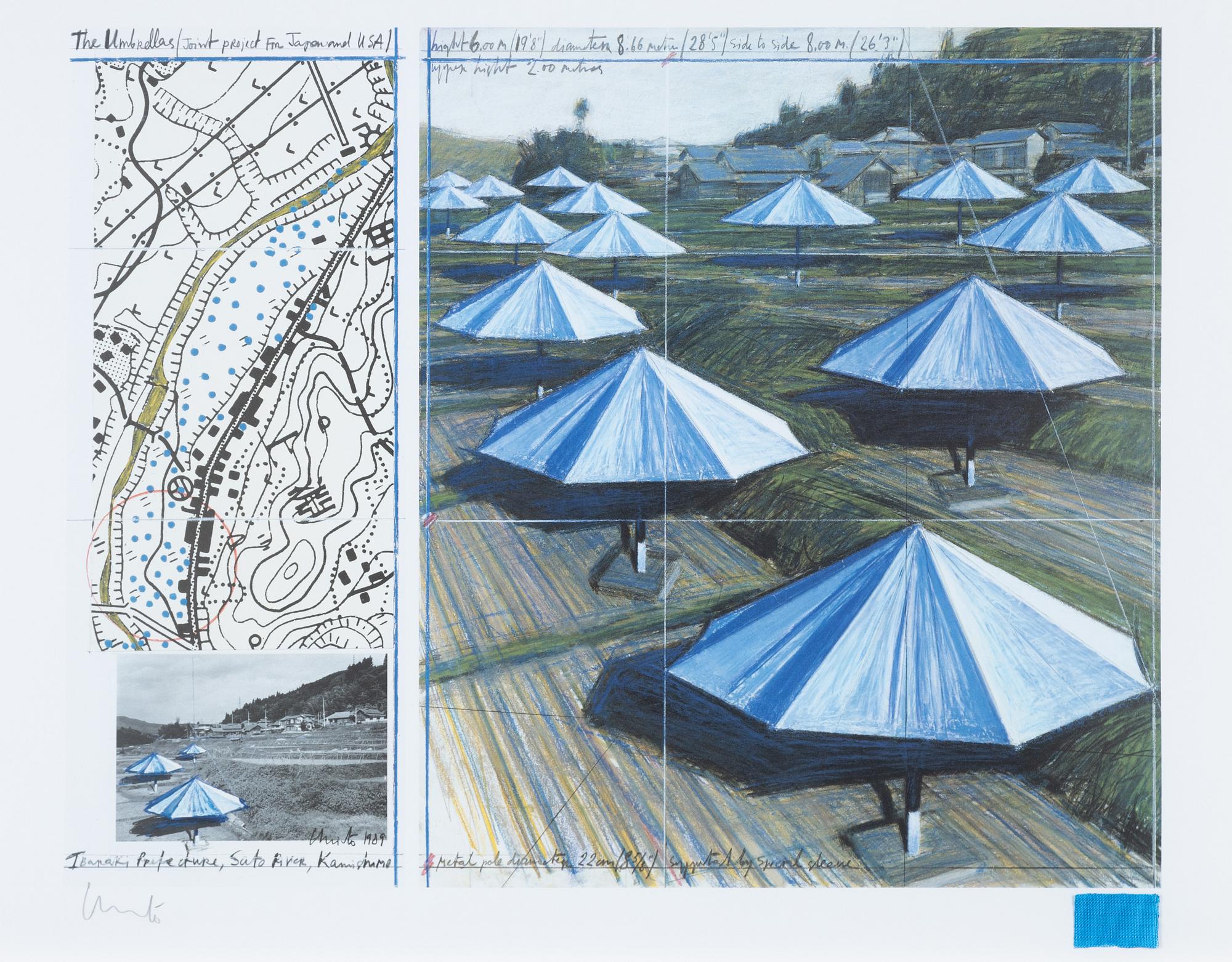 Christo & Jeanne-Claude, Offset in colours, with a collage of fabric, signed in pencil.