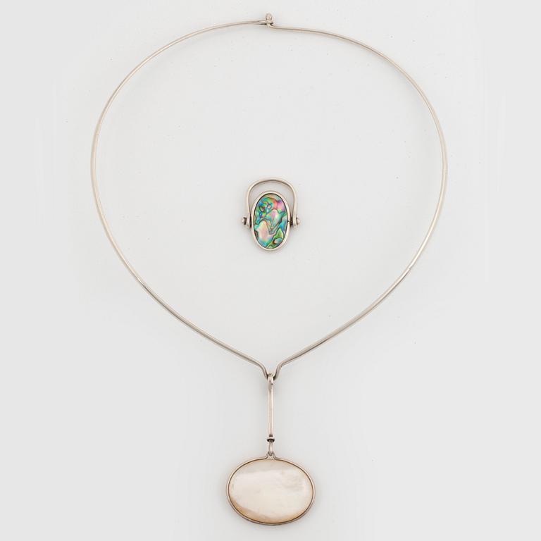 Vivianna Torun Bülow-Hübe, a sterling and mother of pearl necklace and ring, probably 1980's.