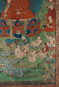 THANGKA. Tibet, troligen 1800-tal. Shakyamuni med lärjeungar och lamor.