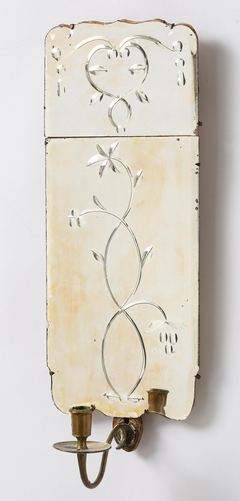 A pair of Swedish engraved-glass one-branch girandole mirrors, later part 18th century.