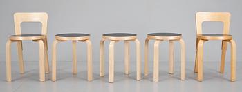 STOLAR 2st samt PALLAR 2+1. Modell 65, E60 resp 60. Alvar Aalto, Artek.