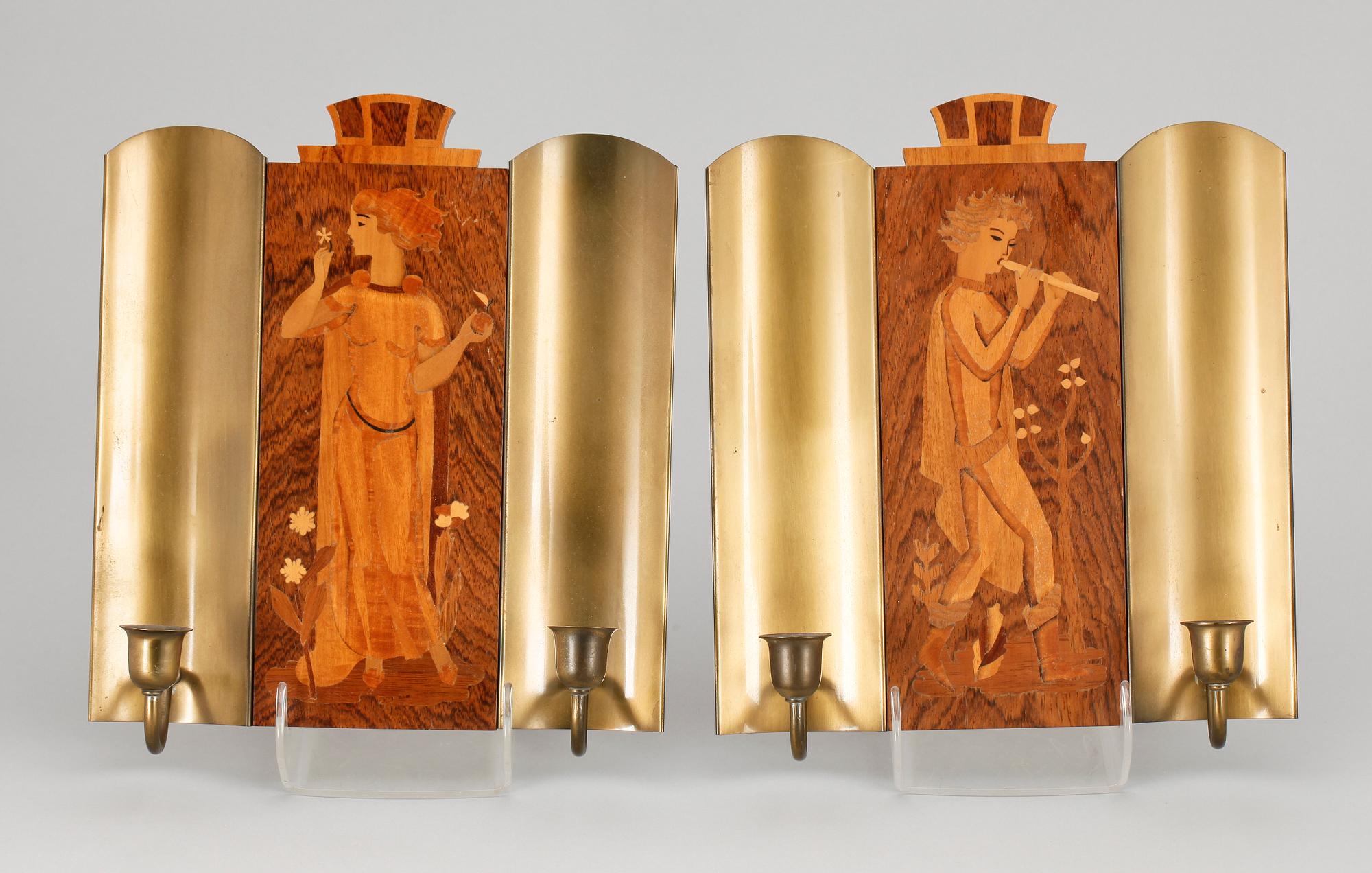 VÄGGLAMPETTER, ett par, Mjölby Intarsia, Birger Ekman, 1938.