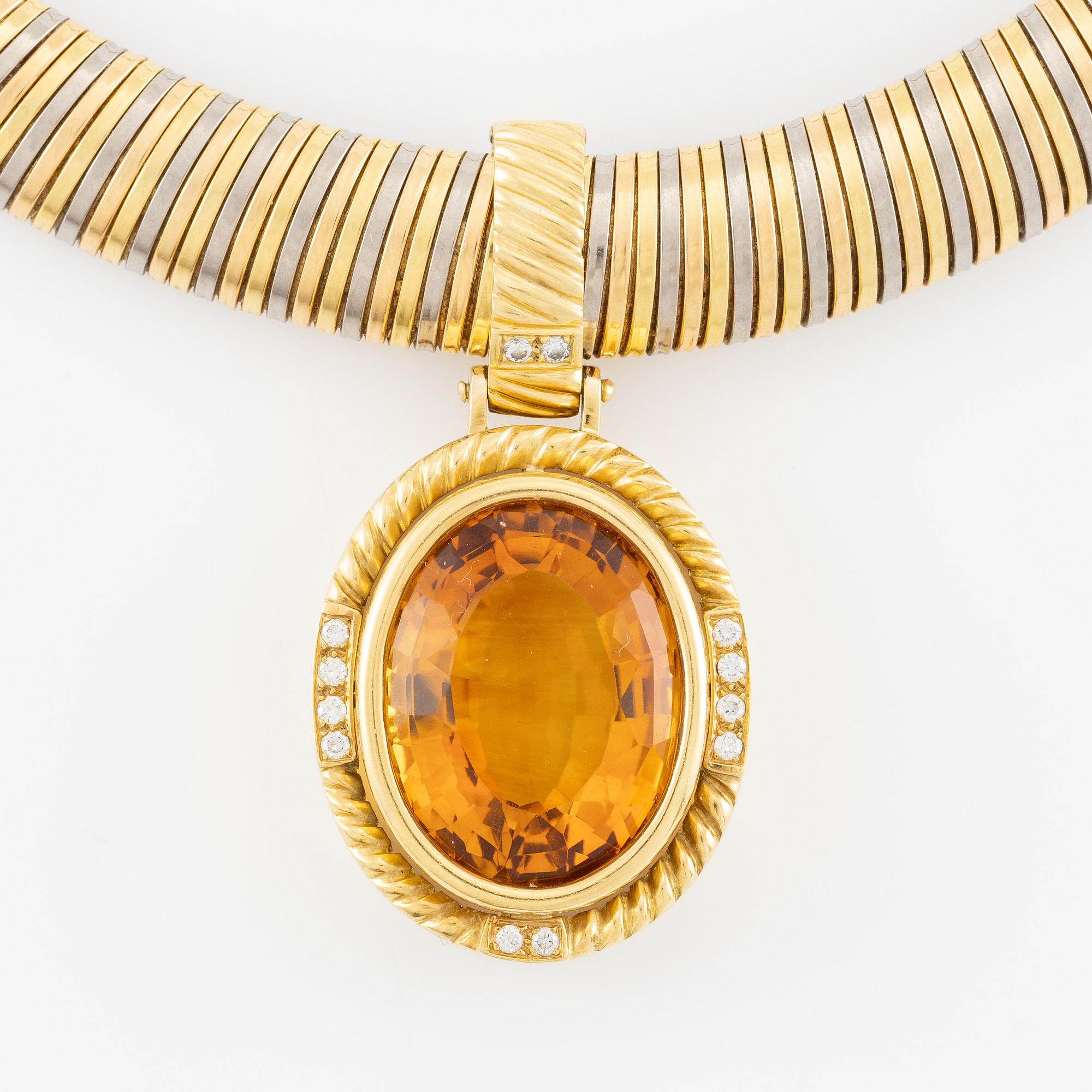 Collier med hänge, 18K guld med citrin och briljantslipade diamanter.