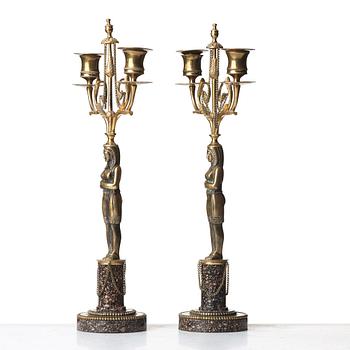 A pair of late Gustavian circa 1800 two-light candelabra.