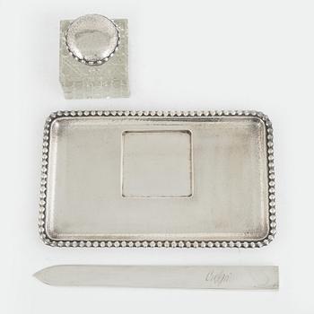 A silver desk set, K. Anderson, Stockholm 1923, and a letter opener, silver, G.A. Dahlgren, Malmö, probably 1910.