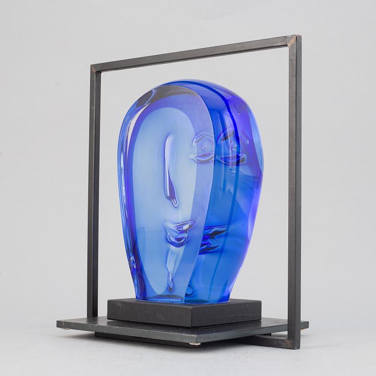 Göran Wärff, a glass sculpture with iron stand for Kosta Boda, signed. Unique.