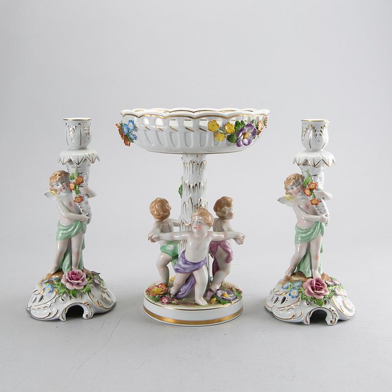 A pair of porcelain candle sticks and a bowl, Germany Schierholz mid 1900's.