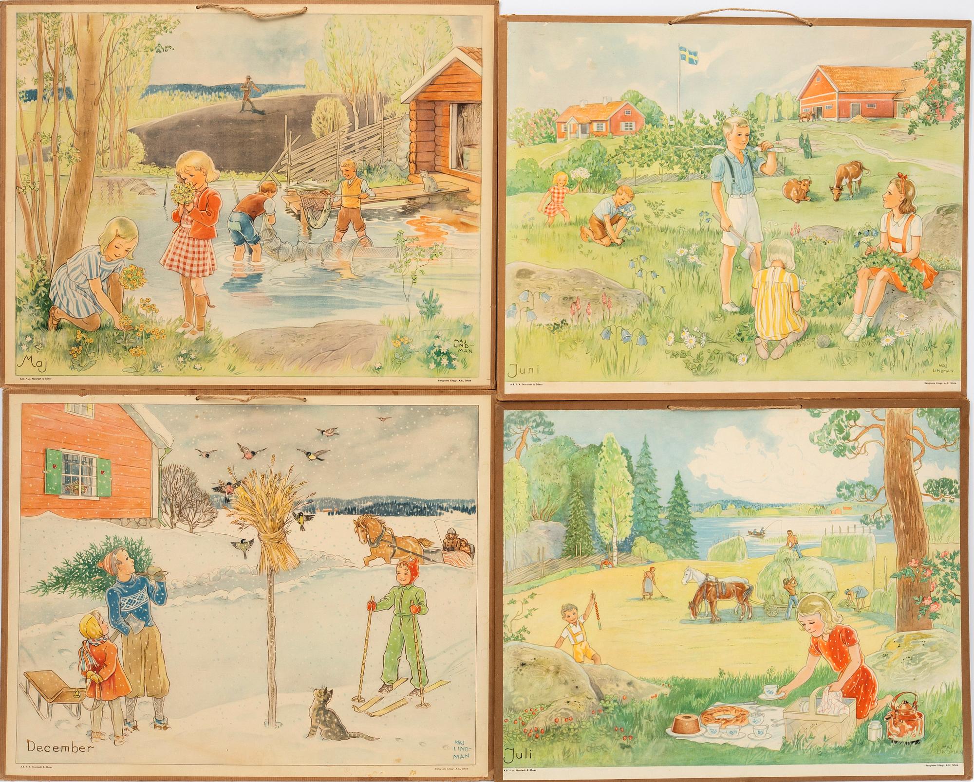 Maj Lindman, school charts, 12 pcs. P.A Norstedt & Söner, Stockholm.