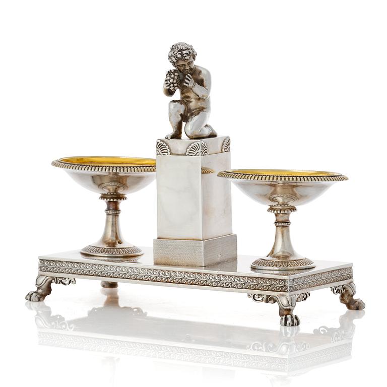 A French Empire parcel-gilt silver double salt-cellar, mark of Jean-Baptiste-Claude Odiot, Paris 1803-1809.