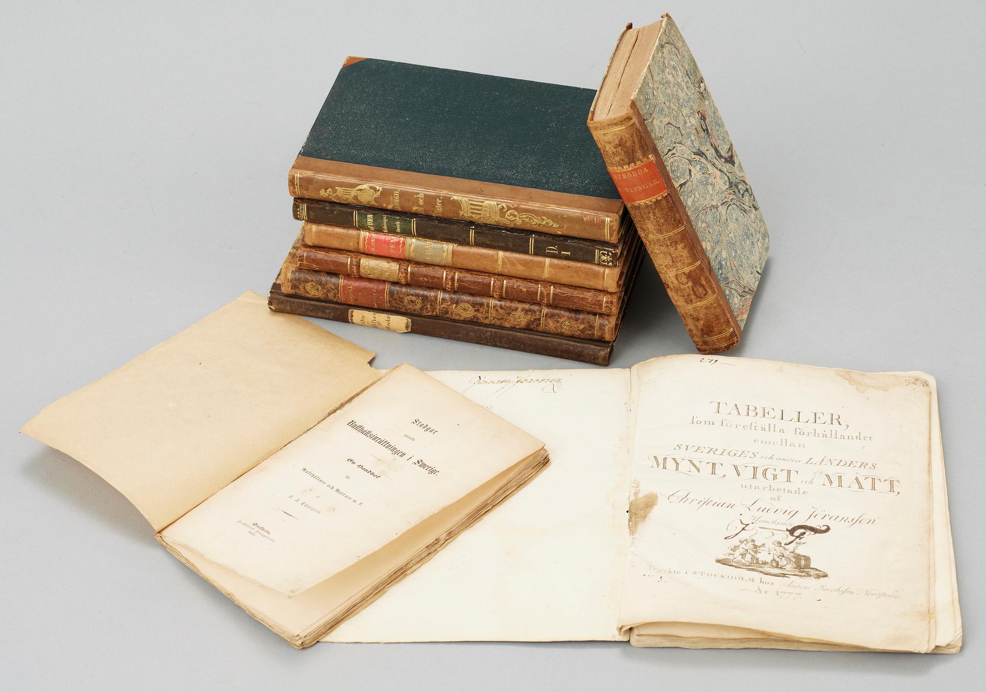 BOKPARTI, 11 vol, mest om ekonomi och hushållning, bla "Berättelse om Kolnings-försök åren 1811...." av CD af Uhr, Stockholm 1814.