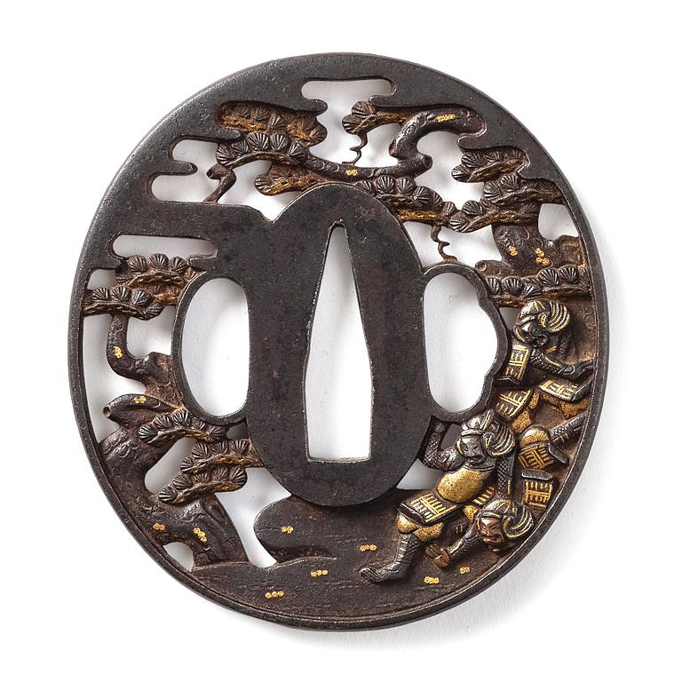 Tsuba, förgylld och patinerad brons. Japan, Edo, cirka 1820, Sotenskolan.