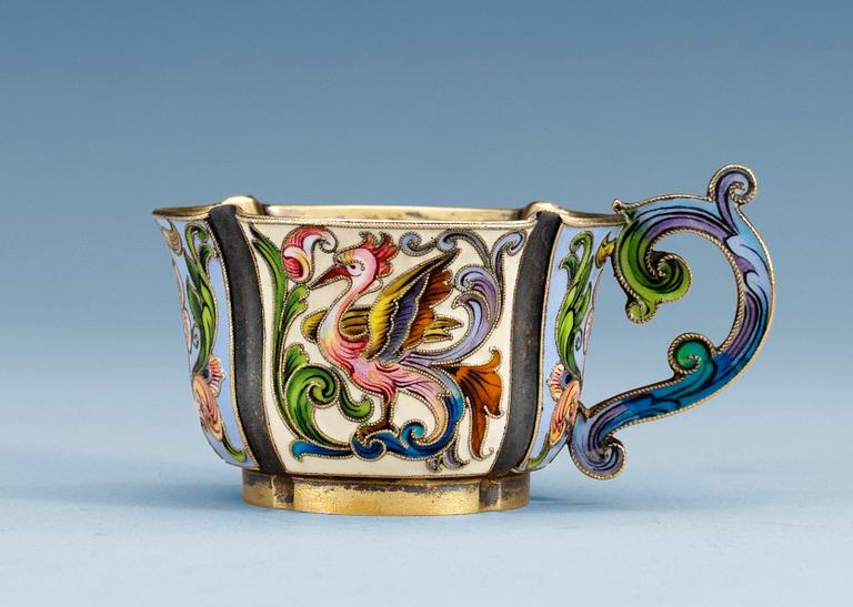 A RUSSIAN SILVER-GILT AND ENAMEL TSCHARKA, makers mark of Fyed Ruch, Moscow 1899-1908.