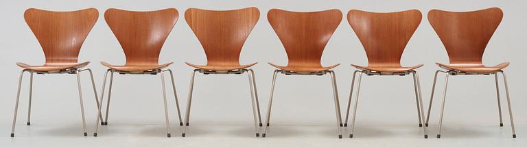 ARNE JACOBSEN, stolar, 6 st, "Sjuan", Fritz Hansen, Danmark 1950-tal.