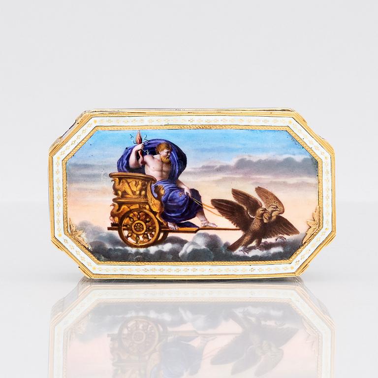 An early 19th century gold and enamel box, unidentified makers mark, possibly Hanau, Empire.