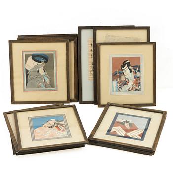 Japanska träsnitt, 19 stycken, med två försättsblad, Japan, 1900-talets första hälft.
