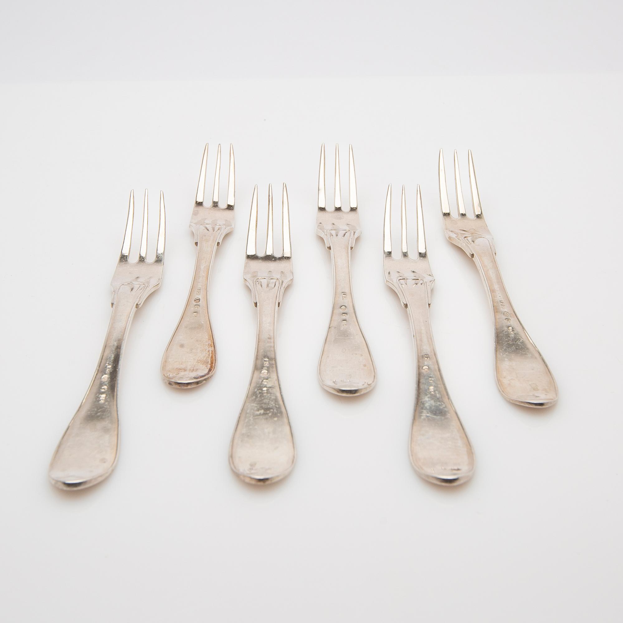 Dessert forks, 6 pcs, silver, possibly early 19th century.