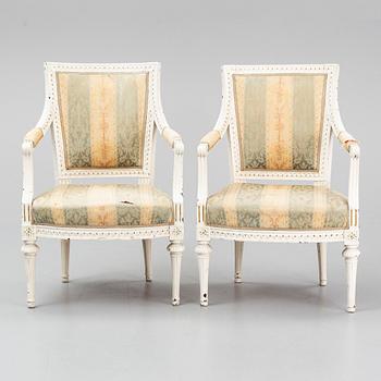 A pair of Gustavian armchairs by  Ephraim Ståhl (master in Stockholm 1794-1820), late 18th century.
