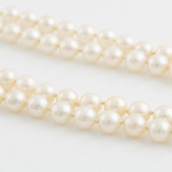 Cultured two strand pearl necklace, clasp silver with paste.