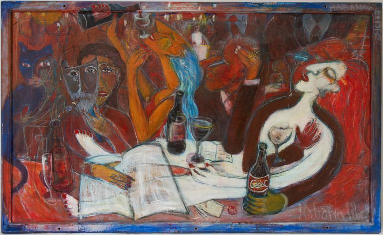 Per Peppe Engberg, oil/mixed media on panel, signed verso.