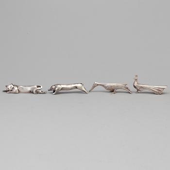 12 silver plated animal-shaped knife rests designed by Marcel Edouard Sandoz for Gallia Christofle, France.