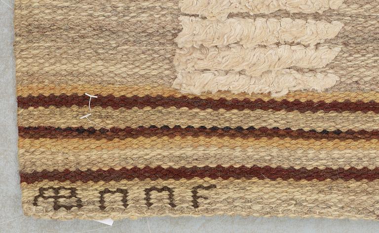 RUG. "Schackrutig, brun". Reliefrya (knotted pile in some areas). 239 x 134,5 cm. Signed AB MMF BN.