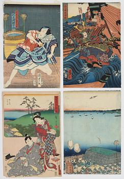 Utagawa School, a set of four woodblock prints in colours, mid/later part of the 19th Century.