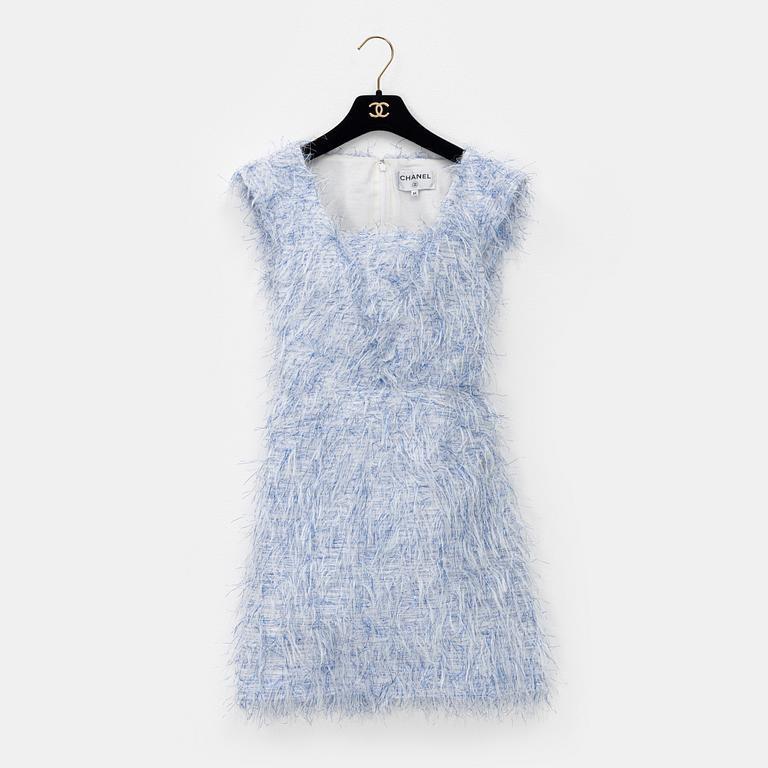 Chanel, dress, a white and blue metallic dress, size 34.
