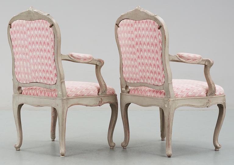 A pair of Swedish Rococo 18th Century armchairs.