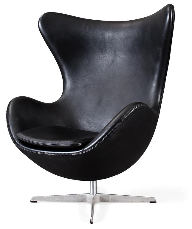 An Arne Jacobsen black leather and steel 'Egg Chair', Fritz Hansen, Denmark 2000.