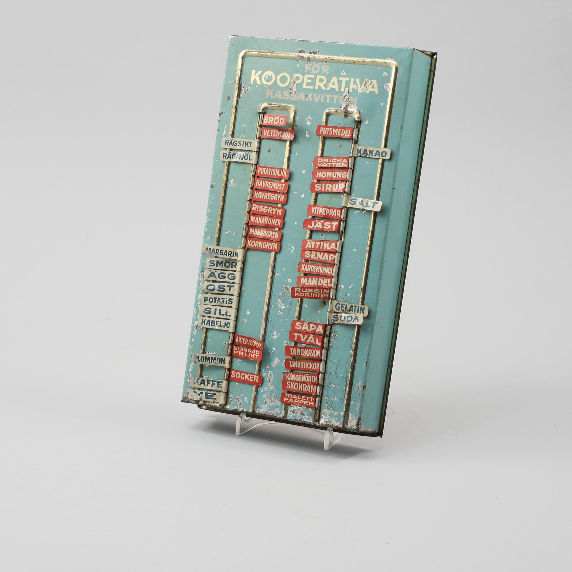 INKÖPSTAVLA TILL HUSHÅLLET, plåt, 1930/40-tal.