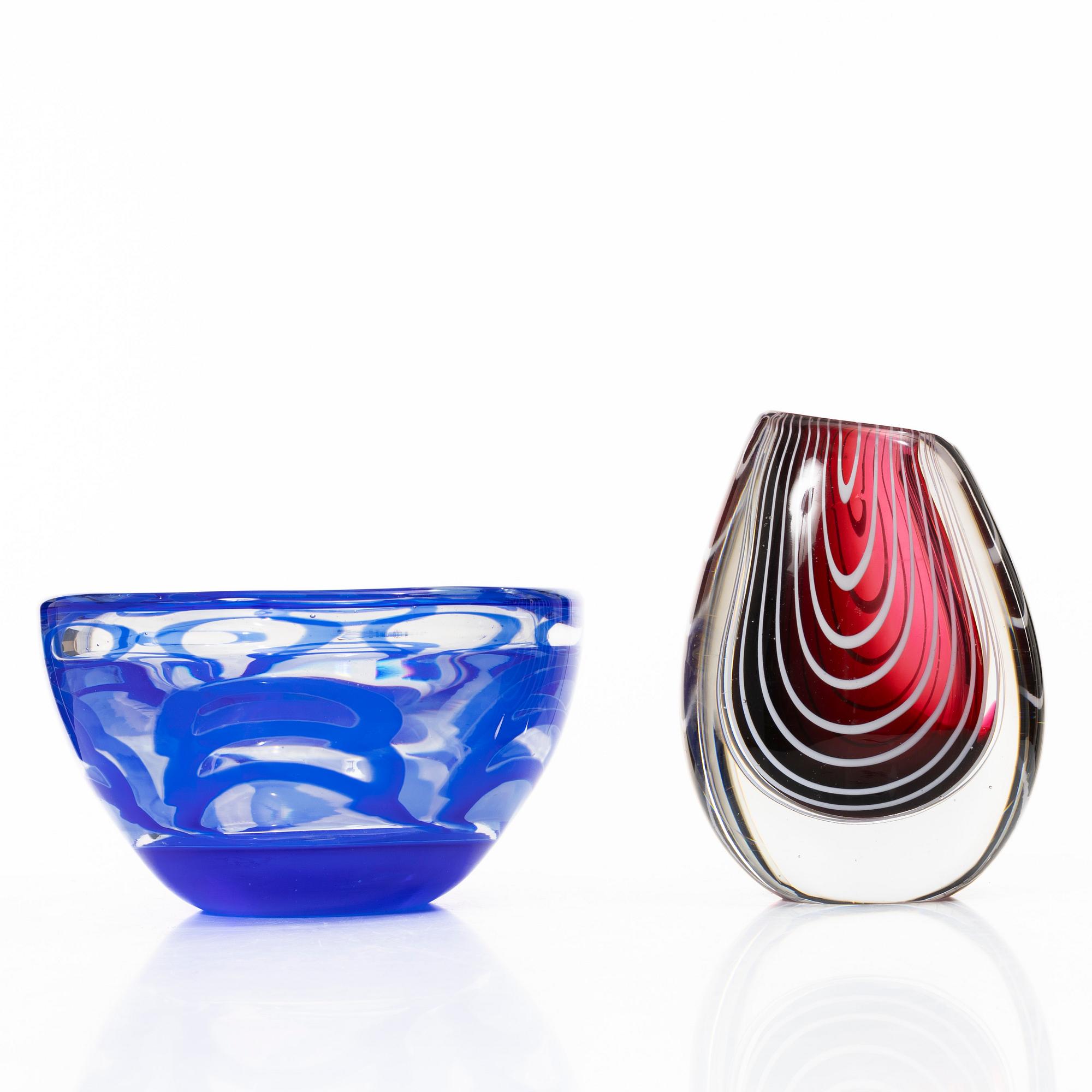 Ingeborg Lundin, bowl, graal, Orrefors, and Vicke Lindstrand, vase, "Zebra", Kosta.