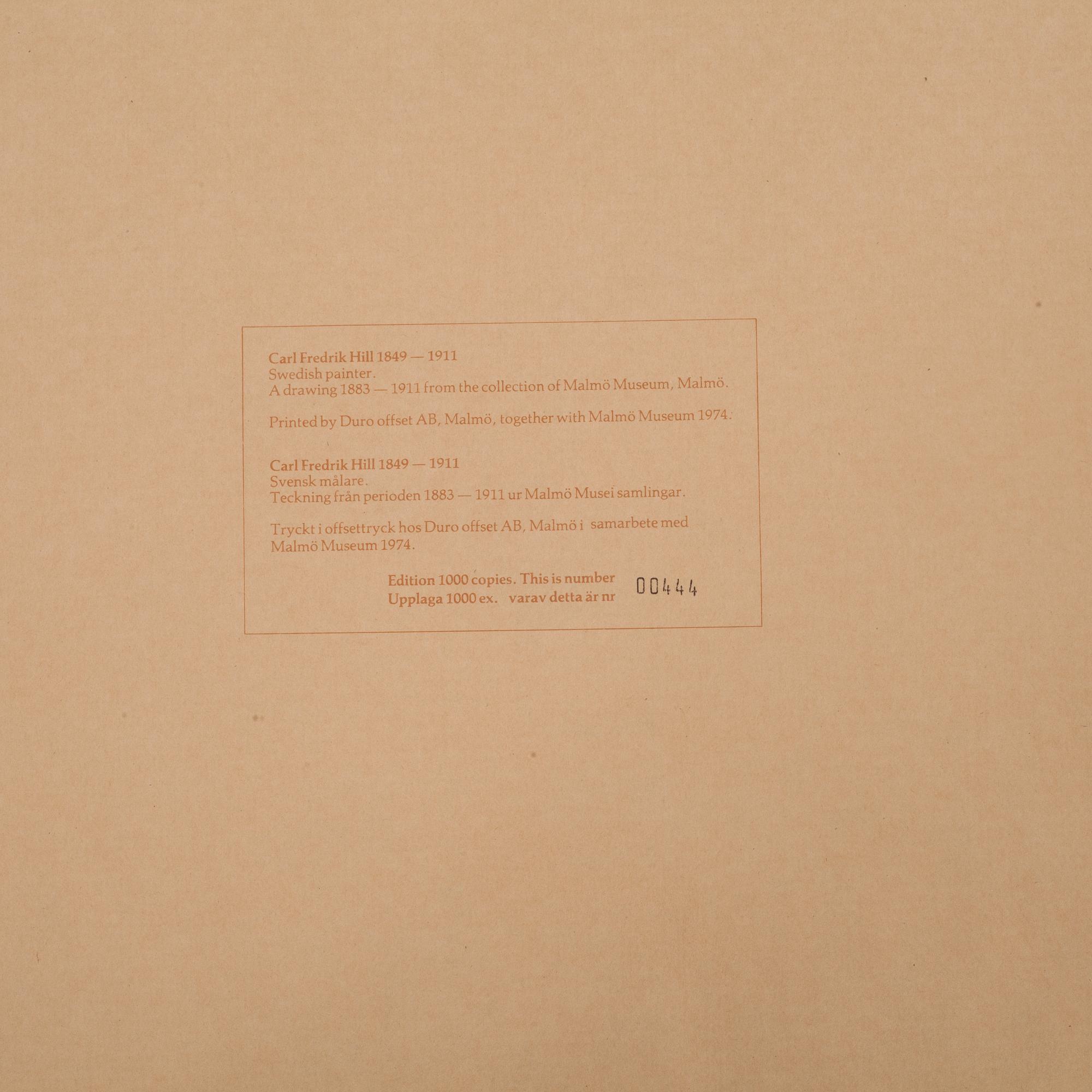 CARL FREDRIK HILL, efter, mapp med sex st offsettryck, utgiven i samarbete med Malmö Museum 1974.