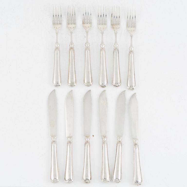 A Norwegian Silver Fish Cutlery Set, mark of David Andersen, Norway, also with Swedish import stamp (12 pieces).