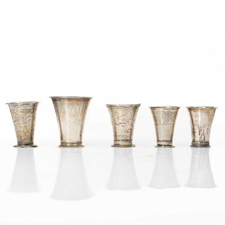 Five Swedish silver beakers, 18th/19th century.